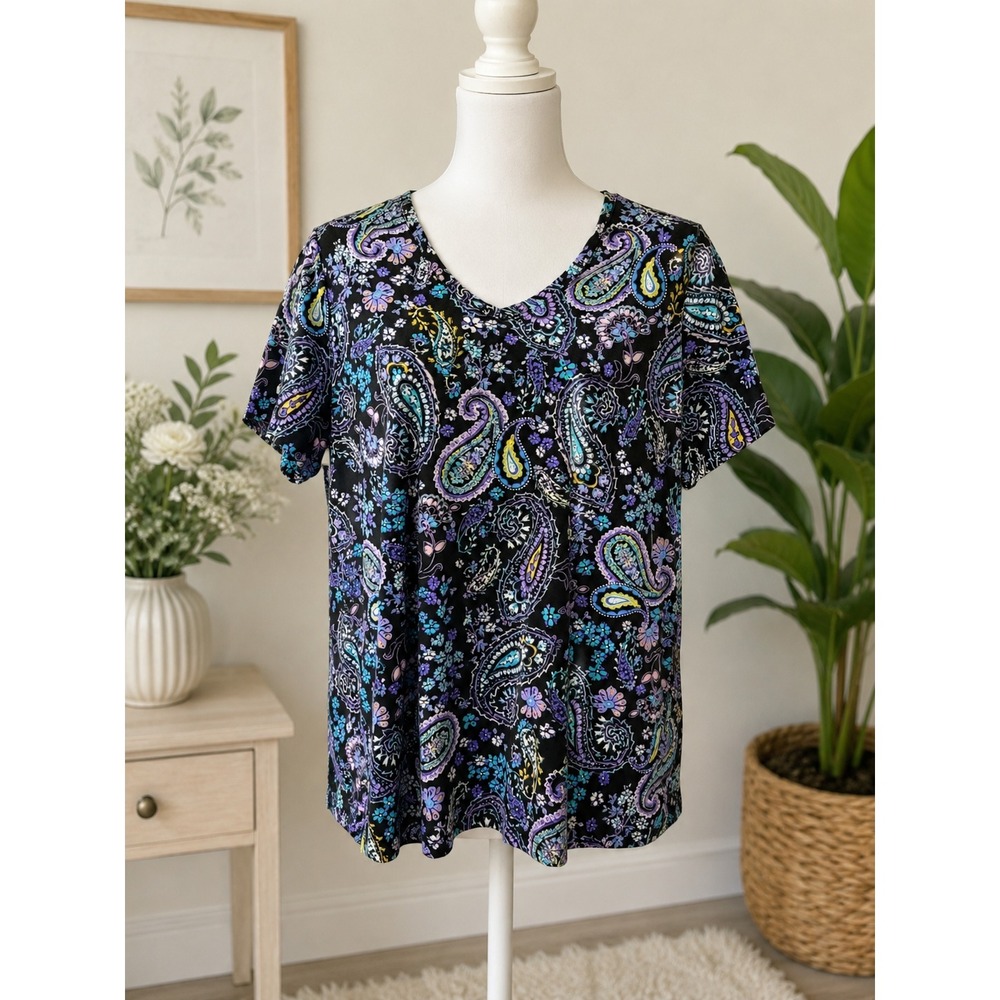 Woman Within Purple Paisley Floral VNeck Short Sleeve Tee Top 1X 22/24 NWOT Boho